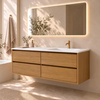 Immagine prodotto di Set di mobili da bagno sospesi, design moderno, composto da: mobile lavabo con lavabo in resina, mobile sottolavabo con cassetti, specchio per bagno, dimensioni 120x55 cm. [RW192-120 K]