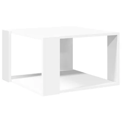 A white, cube-shaped coffee table with an open center, shown from a side angle.