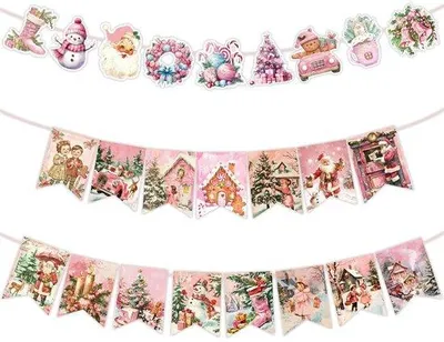 Productafbeelding van Set van 2 Roze Kerst Banner voor Feestdecoraties