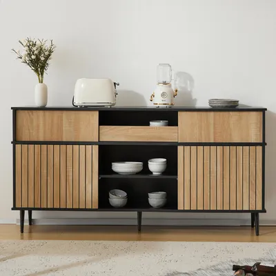 Productafbeelding van AIORBER Kommode, met 4 schuifdeuren en 1 lade, ruime opbergruimte, schuifdeurontwerp, dressoir, metalen poten, geschikt voor de slaapkamer, 160x40x80cm, naturel