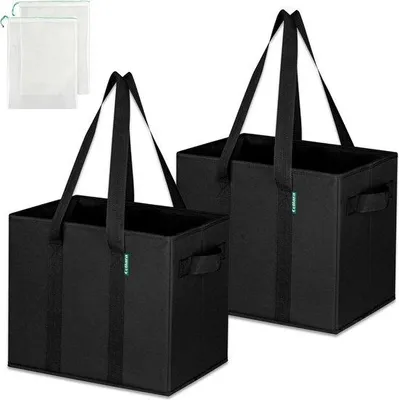 Produktbild von Famanu Einkaufstasche 2er Set & Obstnetz - Robuste, wiederverwendbare Einkaufstasche mit verstärktem Boden - 55 L Schwarz