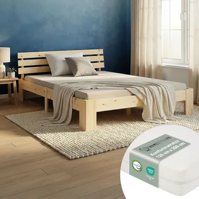 Produktbild von Homestyle4u Doppelbett mit Matratze und Lattenrost 120x200 Bett Natur Kiefer Massiv Bettgestell Holzbett Futonbett