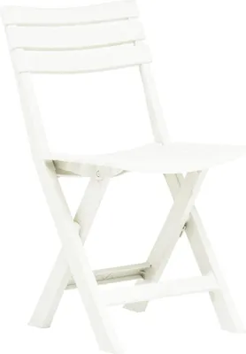 A white folding chair is shown against a white background.