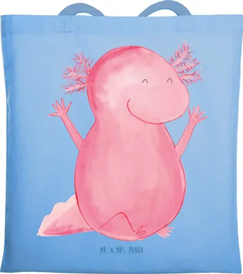 Produktbild von Mr. & Mrs. Panda Tote Bag Axolotl Hurra - Sky Blue - Geschenk, Schultasche, Freude, Spaß, Zufriedenheit, Tasche, stofftasche baumwolle, Laptoptasche, Shopping, Motivation