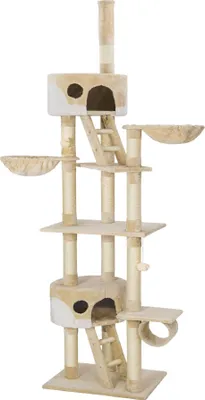 A tall, multi-level cat tree with scratching posts, platforms, and enclosed spaces.
