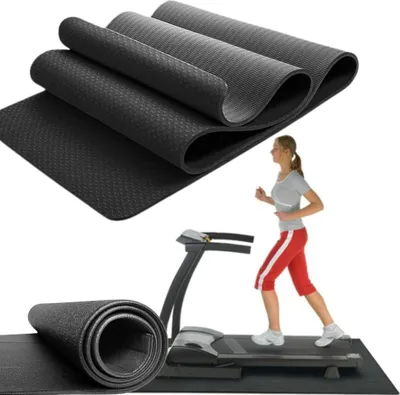 A collage showing a rolled-up black mat and a woman running on a treadmill.