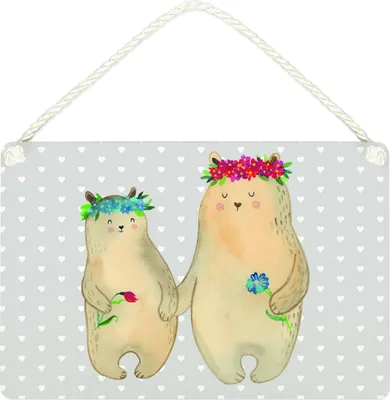 Produktbild von Mr. & Mrs. Panda Schild Bären mit Blumenkranz DIN A4 - Grau Pastell - Geschenk, kleine aufmerksamkeit, Mama, Muttertag, Familie, Holzschild, Mutter, Family, Wandbild Holz