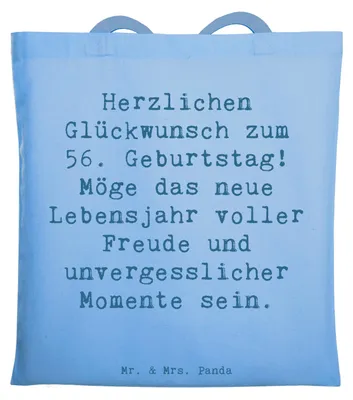 Produktbild von Mr. & Mrs. Panda Shopping Tasche Spruch 56. Geburtstag Freude - Sky Blue - Geschenk, geschätzt werden, Geburtstagsgeschenk, Uni, Stoffbeutel, Herzlichkeit, Liebe