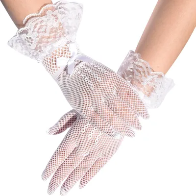 Produktbild von Kurze Damen-Spitzenhandschuhe, transparente Tüllhandschuhe in Handgelenklänge mit Schleife, Brauthandschuhe, Netzhandschuhe, Accessoire für Opernpartys und Teepartys