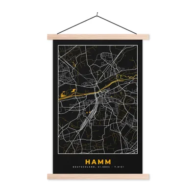 Produktbild von MuchoWow® Textilposter Schwarz und Gold - Stadtplan - Hamm - Deutschland - Karte 120x180 cm mit holzfarbenen Rahmen - Textil-Plakat