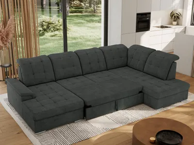 Produktbild von MKS MEBLE Ecksofa Wohnlandschaft U-Form, Sofa mit Schlaffunktion, Schlafsofa mit bettkasten, Couch mit Schlaffunktion - Dunkelgrau Struktur - Madrito U - rechts