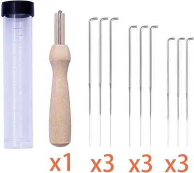 Produktbild von filznadeln in 3 Größen mit durchsichtiger Flasche, 1 Holzgriff, Filznadelset mit 9 Stück