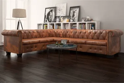 Produktbild von The Living Store Chesterfield Ecksofa 6-Sitzer Kunstleder Braun