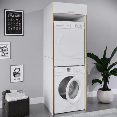 Produktbild von VCM Waschmaschinen-Trocknerschrank, Überbauschrank für 2 Geräte mit Klappe und Zusatzfach – Maße Waschmaschinenregal: H. 200 x B. 67 x T. 68 cm, Rislo XXL