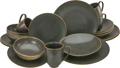 A collection of dark gray ceramic dinnerware with gold trim, including plates, bowls, and mugs, arranged on a white background.
