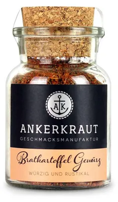 Zdjęcie produktu dla Ankerkraut Bratkartoffel Gewürz, Przyprawy w proszku, Czarny pieprz, Kminek, Fried onion, Lubczyk, Majeranek, Cebula, Pietruszka, Rozmaryn, Sól morska,..., Środek konserwujący, 80 g, Słoik, 1 szt.