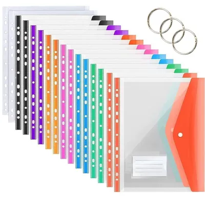 Productafbeelding van 16 documentenveloppen, A4-formaat, uitbreidbaar met drukknop, 8 kleuren, 11-gaats, van polypropyleen