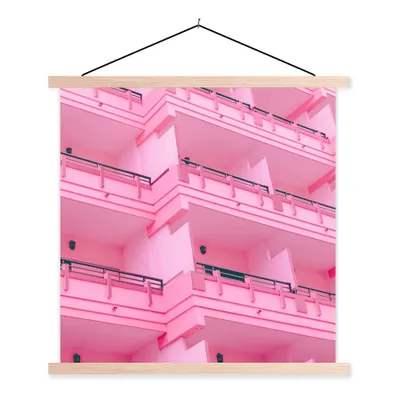 Produktbild von MuchoWow® Textilposter Balkon - Sommer - Rosa - Architektur 40x40 cm mit holzfarbenen Rahmen - Posterleiste