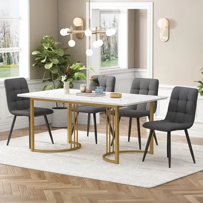 A dining room set with a marble-top table and four upholstered chairs.