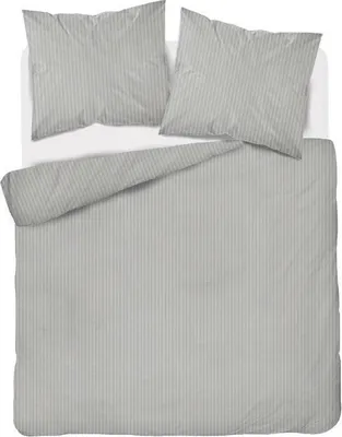 A top-down view of a bed with light gray striped bedding and two pillows.