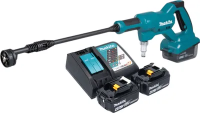 A cordless pressure washer kit with two batteries and a charger, laid out on a white background.