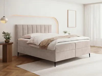 Produktbild von Boxspringbett mit Bettkasten – Polsterbett 180 x 200 cm mit H4 Taschenfederkern 7-Zonen Matratze & 5 cm Topper – Stauraumbett mit hohem Kopfteil & Metallfüße – Samt Velours Beige