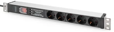 Produktbild von Steckdosenleiste Aluminium PDU 1U DIGITUS 16A 230VAC 50/60Hz 5x Schutzkontakt Überspannungsschutz integrierter Netzfilter