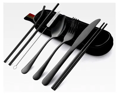 Produktbild von 8-teiliges Besteckset, Reise Camping-Besteck aus Edelstahl, Utensilien-Set mit tragbarer Tasche, für Reisen, Camping, Picknick, Zuhause, Schule Lunch Etui, Schwarz