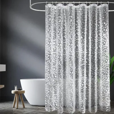 Productafbeelding van Antischimmel douchegordijn, 180 x 200 cm, met 3 sterke magneten aan de onderkant, transparant met een 3D-motief van kiezelstenen, gemaakt van waterdicht EVA-kunststof, met 12 ringen.