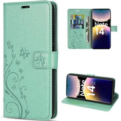 Image de Coque pour Xiaomi Redmi Note 14 Pro 5G, Cuir Synthétique Motif Papillon Plante avec Porte-Cartes - Vert