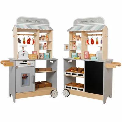 Imagen del producto de GINGER HOME: Tienda de madera 2 en 1 para niños, con cocina, mostrador, estanterías, mesa y accesorios. Dimensiones: 60/73 x 29,5 x 105 cm