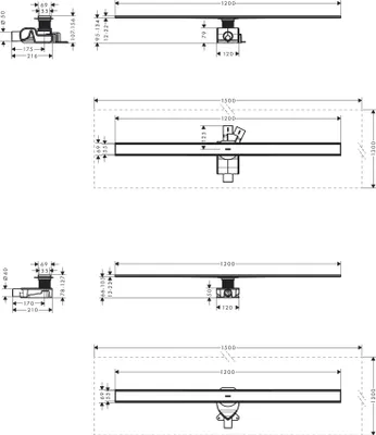 Imagen del producto de Conjunto completo para desagüe de ducha Hansgrohe RainDrain Allround, canal de 120 cm para instalación estándar o empotrada
