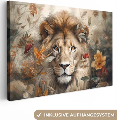 Produktbild von MuchoWow® - Leinwandbilder - Löwe - Wildtiere - Pflanzen - Natur - Blumen, Wandbild, Wanddeko Bilder Wohnzimmer, 120x80cm