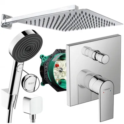 A collection of shower components including a shower head, hand shower, shower valve, and shower mixer.