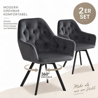 Produktbild von Homestyle4u Esszimmerstühle 2er Set mit Armlehnen Samt Grau Polsterstuhl Leinen mit Armlehnen Metall-Beine Küche