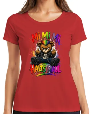Immagine prodotto di Maglietta da donna con scritta "Mi Mi Mi Halts Maul Bär Punk Rocker Regenbogen Statement", colore rosso, taglia S