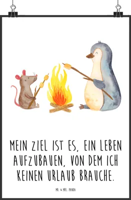 Produktbild von Mr. & Mrs. Panda Bild Pinguin Lagerfeuer DIN A2 - Weiß - Geschenk, drucke, Liebe, Kunstdruck, Job, Maus, Plakat, Wanddekoration, Arbeit, wanddeko
