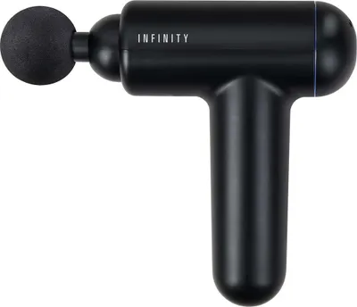 A black massage gun with a round attachment is shown against a white background.