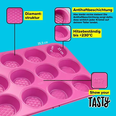 Produktbild von Tasty 12er Muffinform, Pinke Backform mit Diamantstruktur für Muffins & Cupcakes