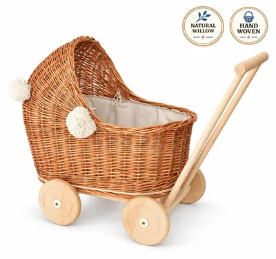 Produktbild von Puppenwagen aus Rattan mit Kissen und Decke, braun, 62 x 45 cm