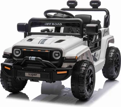 Image de Voiture électrique pour enfants OFFROAD NEW à propulsion arrière, blanche, batterie au lithium, châssis haut, siège large, suspension arrière, télécommande 2,4 GHz, feux LED