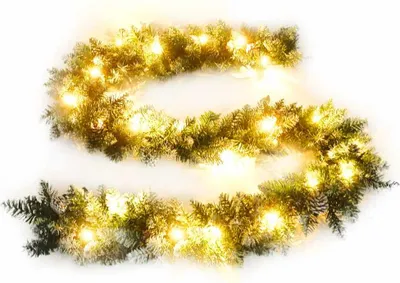 A green Christmas garland with warm white LED lights and pinecones, arranged in a curve on a white background.