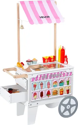 Zdjęcie produktu dla Wózek na lody VEVOR dla dzieci, ponad 20 akcesoriów, zabawkowa kuchnia z lodziarnią, rożkiem do lodów, markizą i zamrażarką, szufladami do przechowywania i odwracanym menu, dla dzieci w wieku 3-7 lat