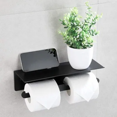 Immagine prodotto di Portarotolo in alluminio senza foratura, doppio portarotolo con supporto, portarotolo, bagno, nero, opaco