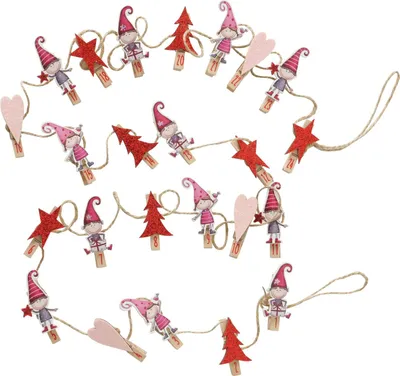 A string of Christmas-themed clothespins shaped like elves, trees, stars, and hearts, attached to a twine string.