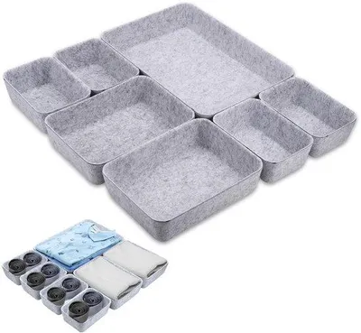 Image de Lot de 7 rangements en feutre gris clair pour tiroirs, fins