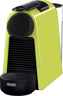 A lime green Nespresso DeLonghi Essenza Mini capsule coffee machine against a white background.