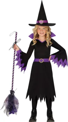 Produktbild von Hexen Halloween Kleid Lila Schwarz Hut Gürtel Magie Zauberer Umhang Mystisch, Größe: 98/104 Farbe: Schwarz