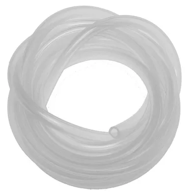A coiled clear silicone tube on a white background.