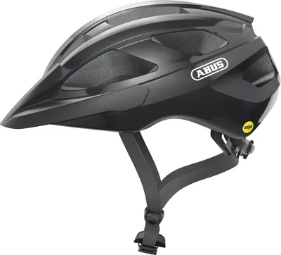 A black bicycle helmet with a visor and straps, shown against a white background.
